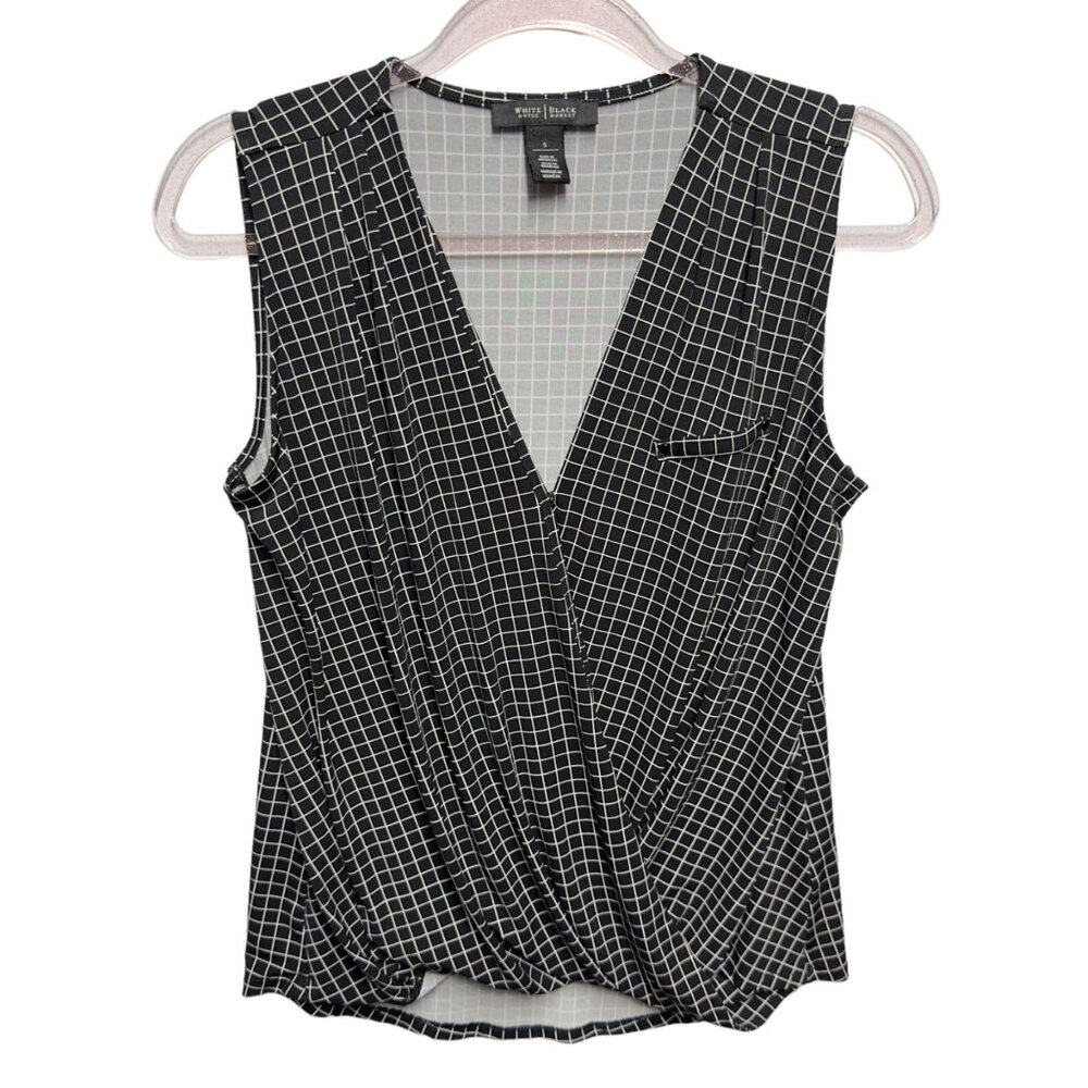 Tuxedo Liquid Silky Knit Drape Checkered Faux Wrap Surplice Knit Tank Top Blouse